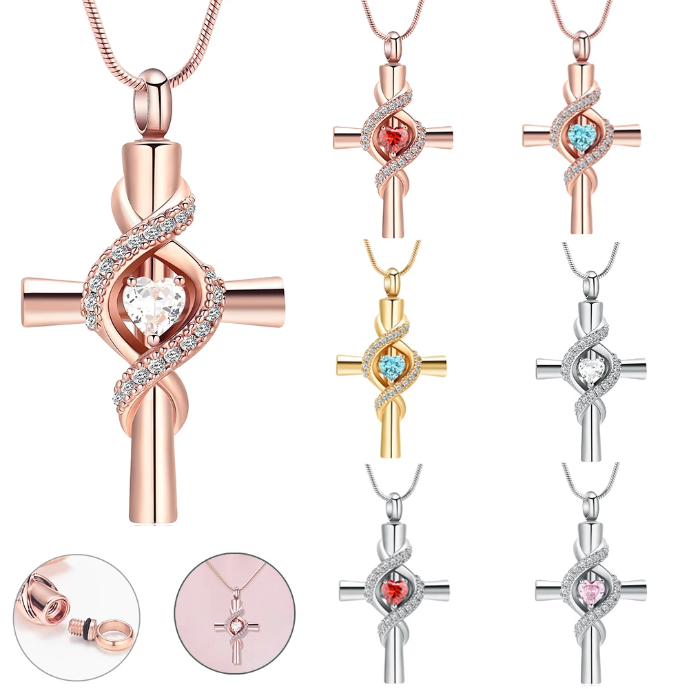 

Cremation Jewelry Cross With Diamond Pendant Necklace Urn Ashes Holder Stainless Steel Romantic Gift To Women Memorial Keepsake