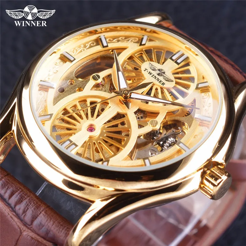 Fashion T-winner Top Brand Men\'s Casual Hollow Automatic Mechanical Personality Luxury Golden Genuine Leather Gift Wrist Watches