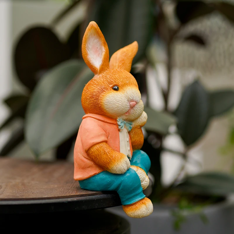 Cute Cartoon Sitting And Thinking Rabbit Ornaments Resin Statue Landscaping Animal Sculpture For Home Office Desk Garden Decor