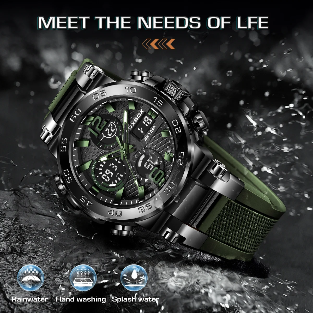 Fashion LED Luminous Mens Watch Dual Display Military Sports Man Watch Digital Calendar Waterproof  Quartz Wristwatches For Men