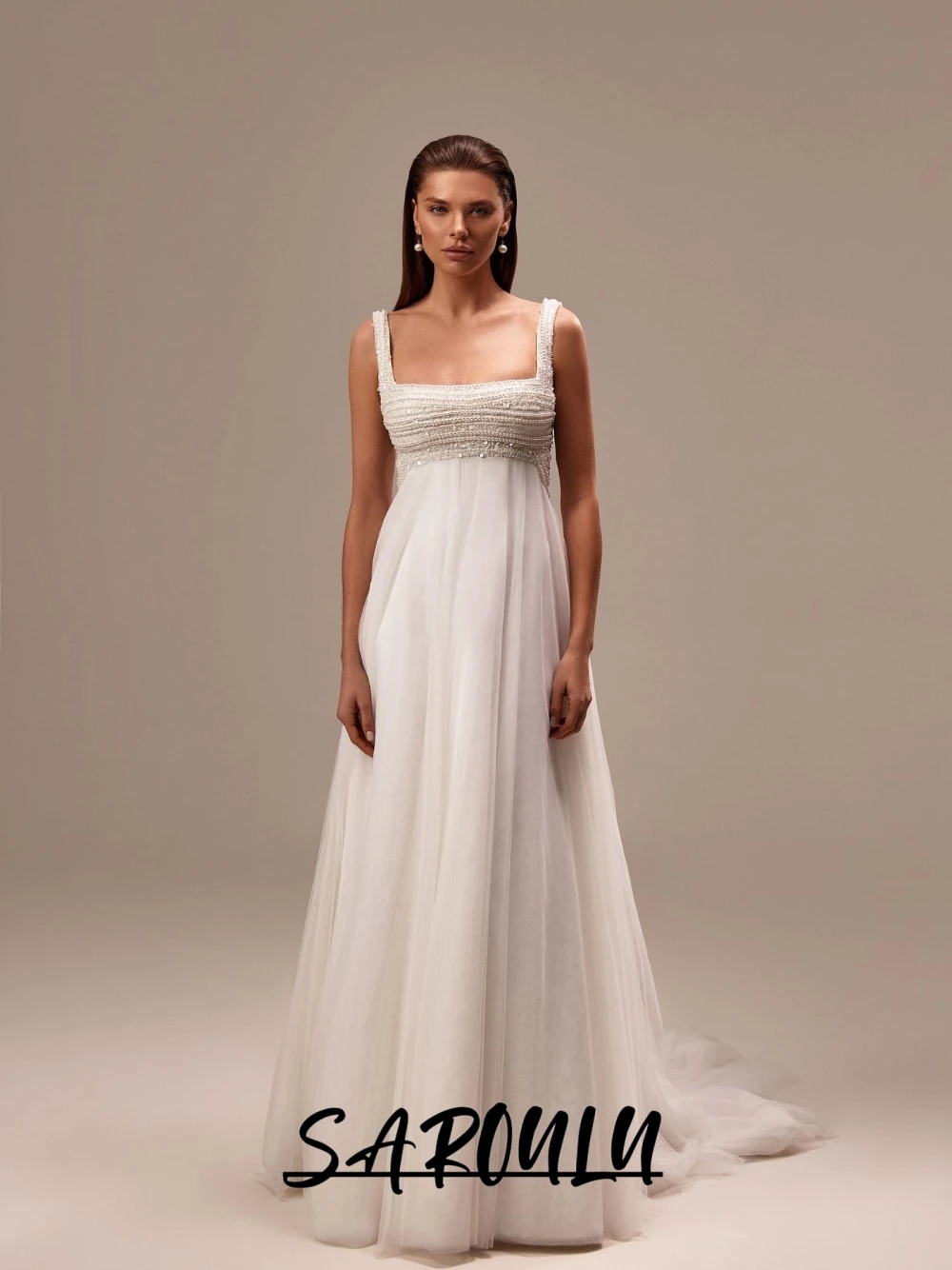 

Plus Size Charming Pearls A Line Wedding Dress Modern Graceful Square Neckline Sequined Tulle Long Bridal Gown Customized