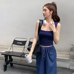 Summer Women Basic Ruched Suspender Tops Lady Fashion Navy Blue Slim Fit Holiday Vest Female Sexy Korean Style Short T-shirts