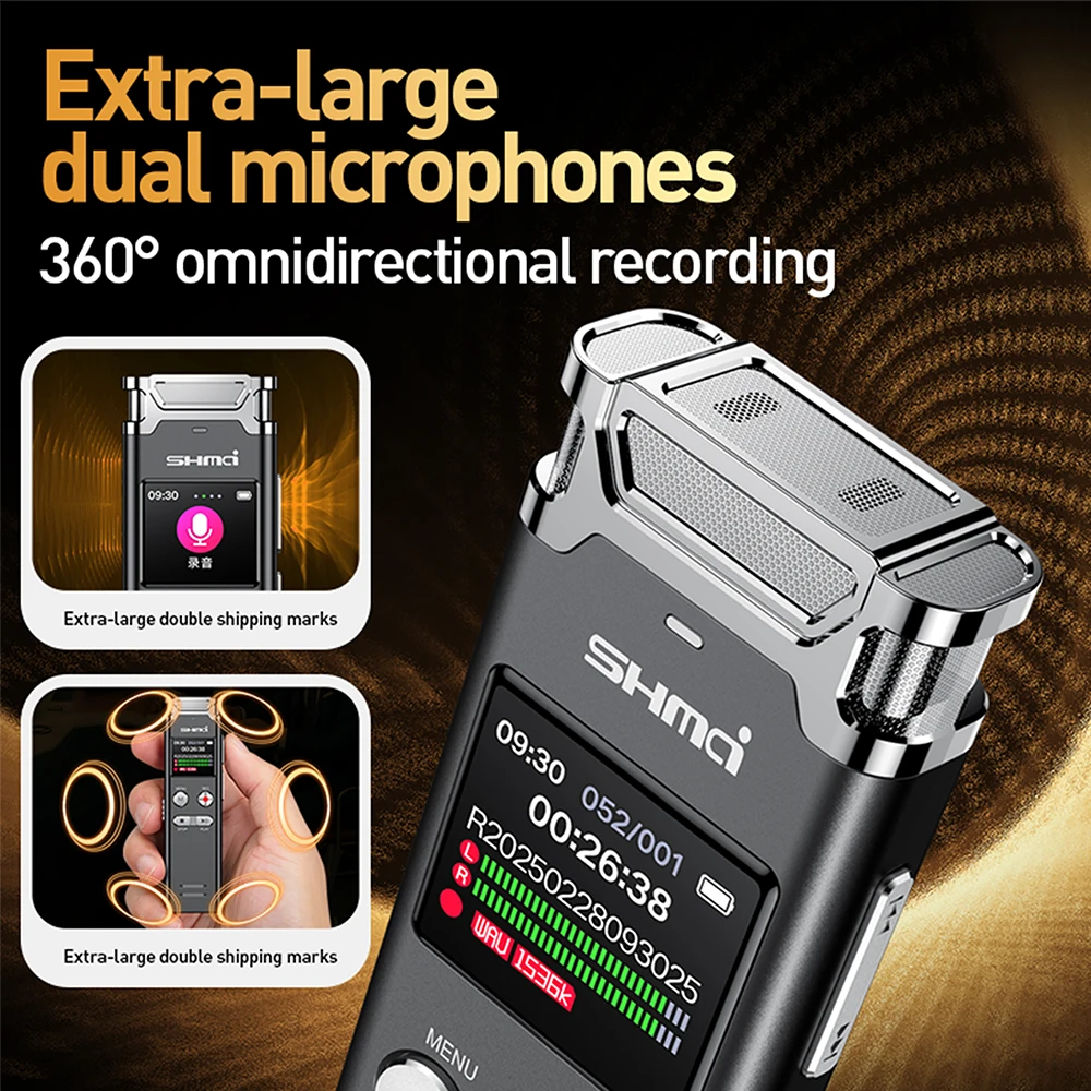 مسجل صوت رقمي جهاز تسجيل صوتي احترافي صغير محمول في الوقت الحقيقي الإملاء المزدوج ميكروفون Denoise مشغل Mp3