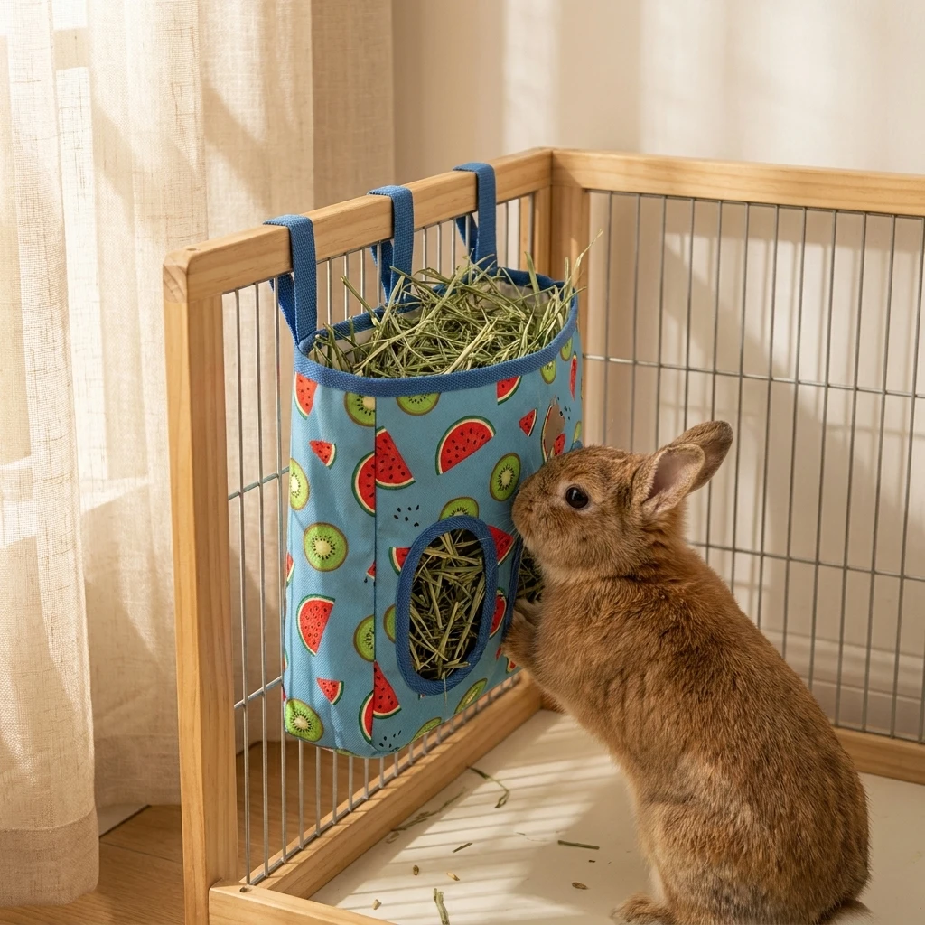 2 Hole/3 Hole Hanging Hay Feeder Bag Breathable Oxford Cloth Feed Pouch Large Capacity Storage Sack for Rabbit Guinea Pig Cage F