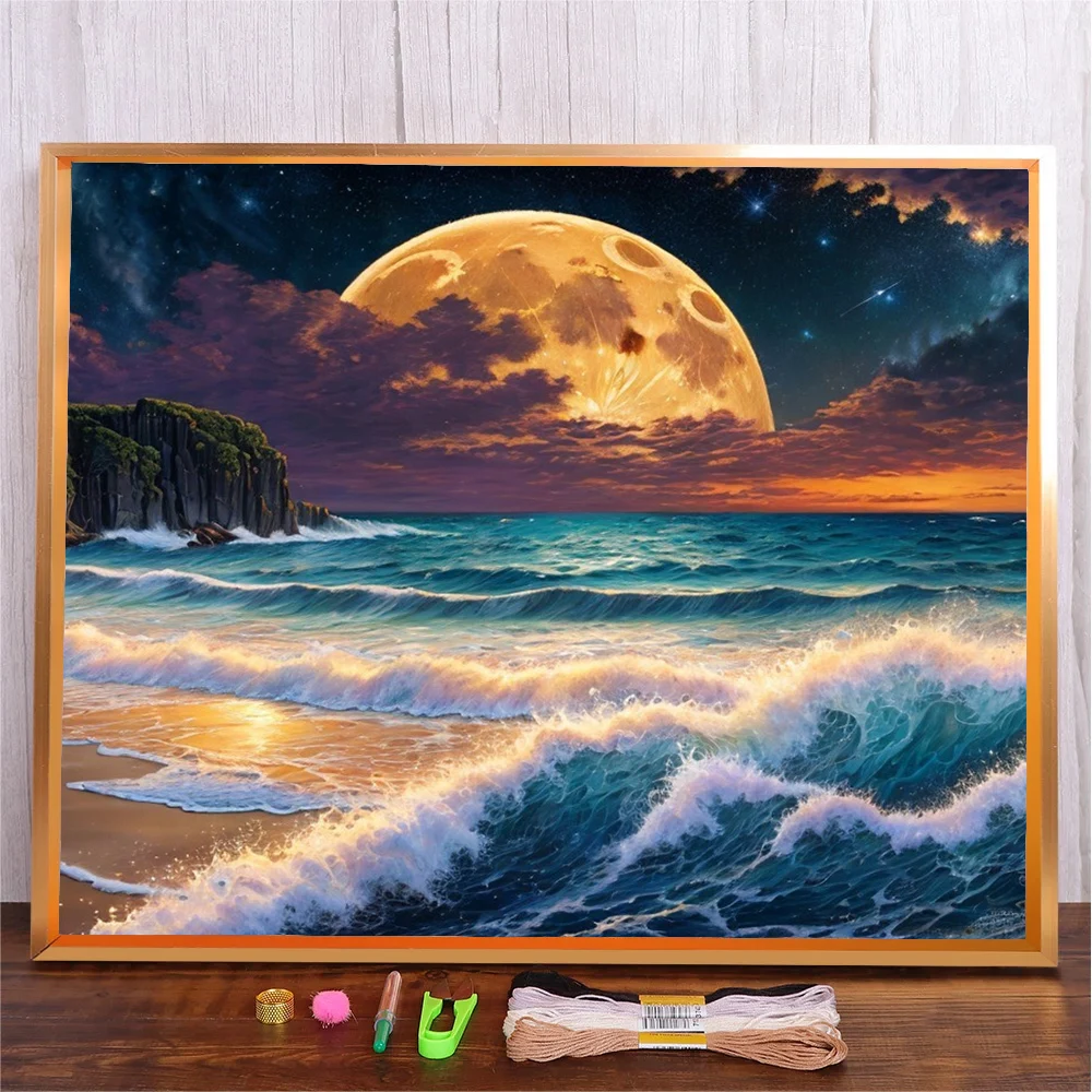 

Moon Seascape Cross Stitch DIY Embroidery Kit 11CT Fashionable Home Printed Needlework New Landscape Series Cotton Thread Set