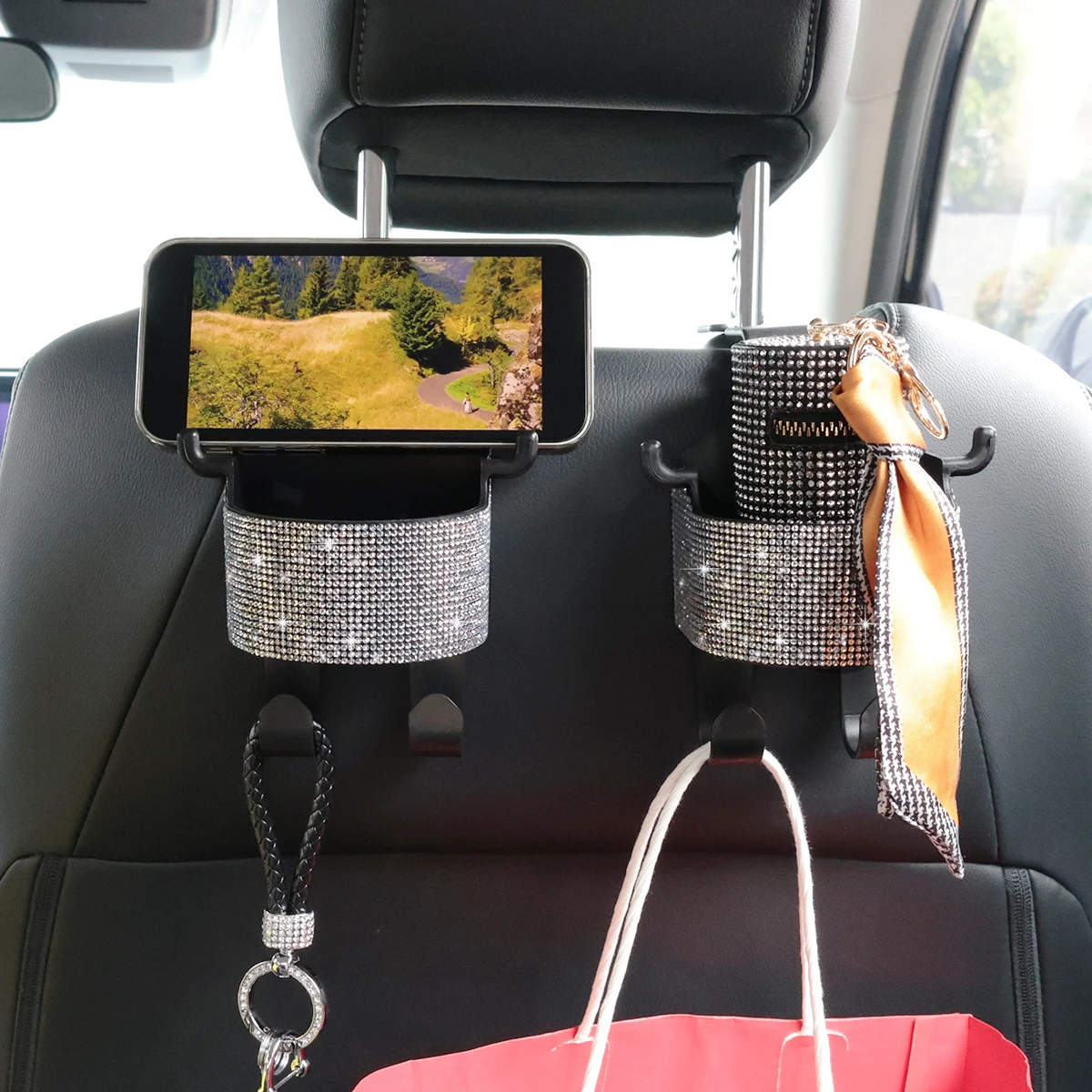 1pc New Rhinestone Multi-functional Car Seat Organiser with Cup Holder 2-in-1 Car Hooks with Easy Installation Hooks - Durable o