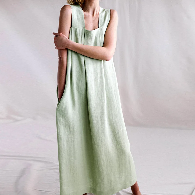 

TEELYNN Casual Linen Cotton Dresses for Women Vintage Oversize Loose Solid Sleeveless Long Dress Summer 2023 Boho Beach Vestidos