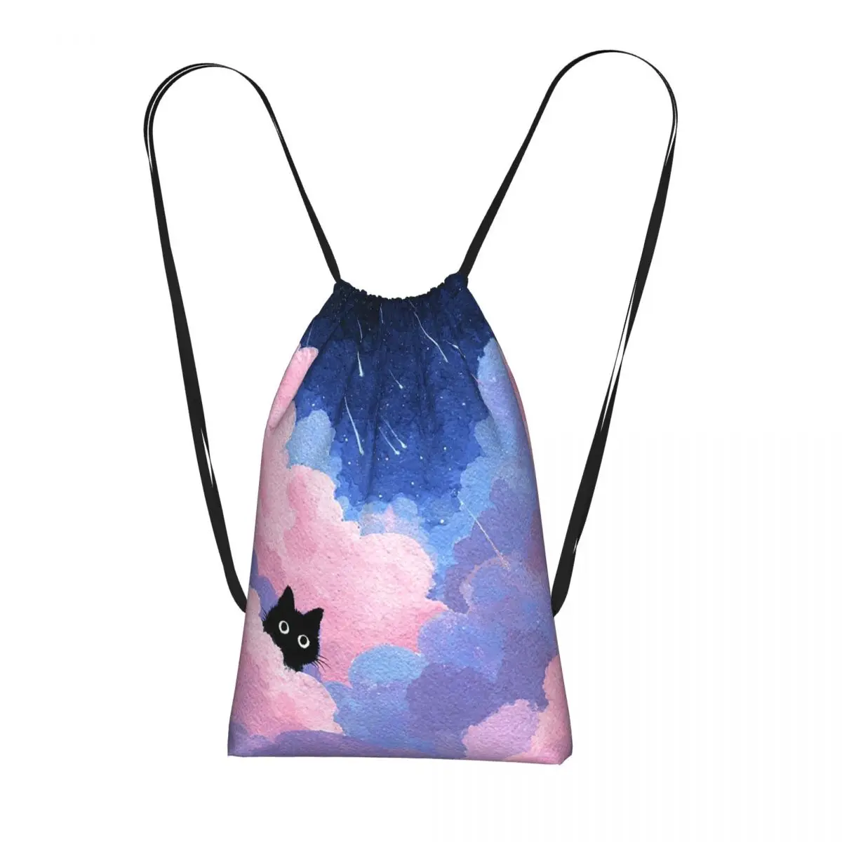 Black Cat And Dreamy Cloudy Night Sky Backpacks Portable Drawstring Bundle Pocket Shoes Bag Book Bags for Man Woman Students