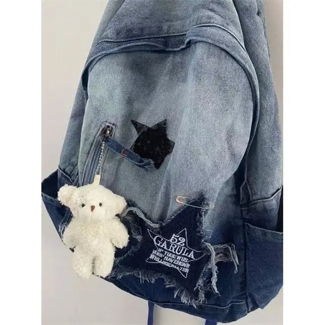 Y2K Backpack for Women Stars Collage Denim Shoulder Bag 2023 New Large Capacity School Backpack Casual Travel Mochila Femenina