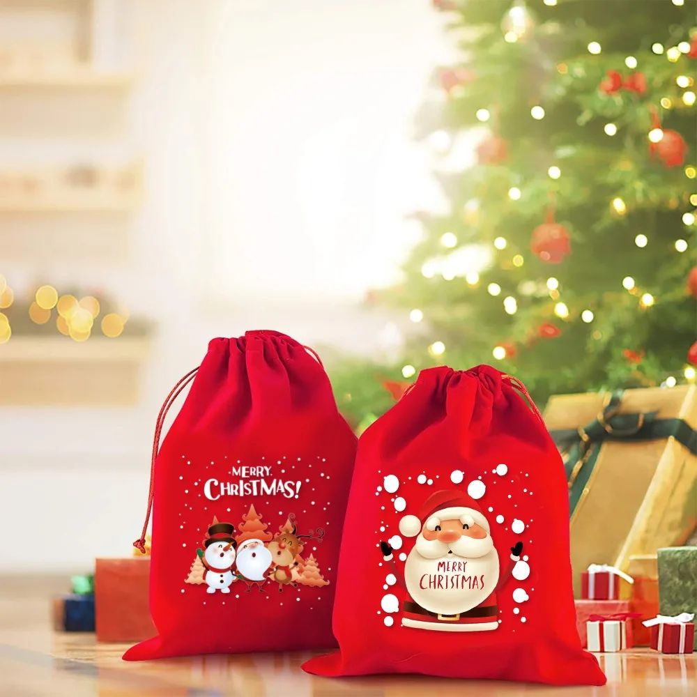 5pcs Christmas Velvet Gift Bag Santa Claus Snowman Reindeer Xmas Tree Candy Bag Kids Noel Gift Merry Christmas Happy New Year