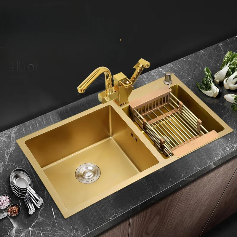 304 stainless steel gold nano sink double sink handmade thickened kitchen household undercounter basin dishwasher