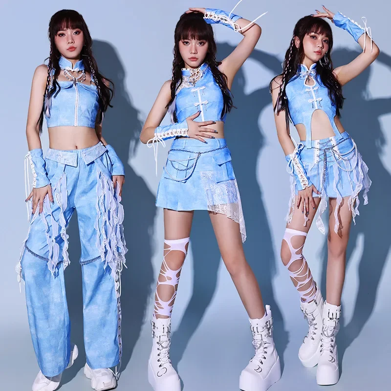 2024 Chinese Stijl Jazzdansvoorstelling Kostuums Voor Vrouwen Groep Gogo Dansers Outfits Blauw Kpop Kleding Stadium Slijtage S-XL