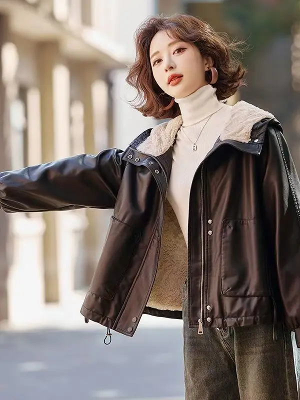 Thiened Fce 暖かいレザー風ジャケット レディース 冬用 小さいサイズ カジュアル ゆったり ファー付き フード付きコート ジッパー開閉 ロング丈...
