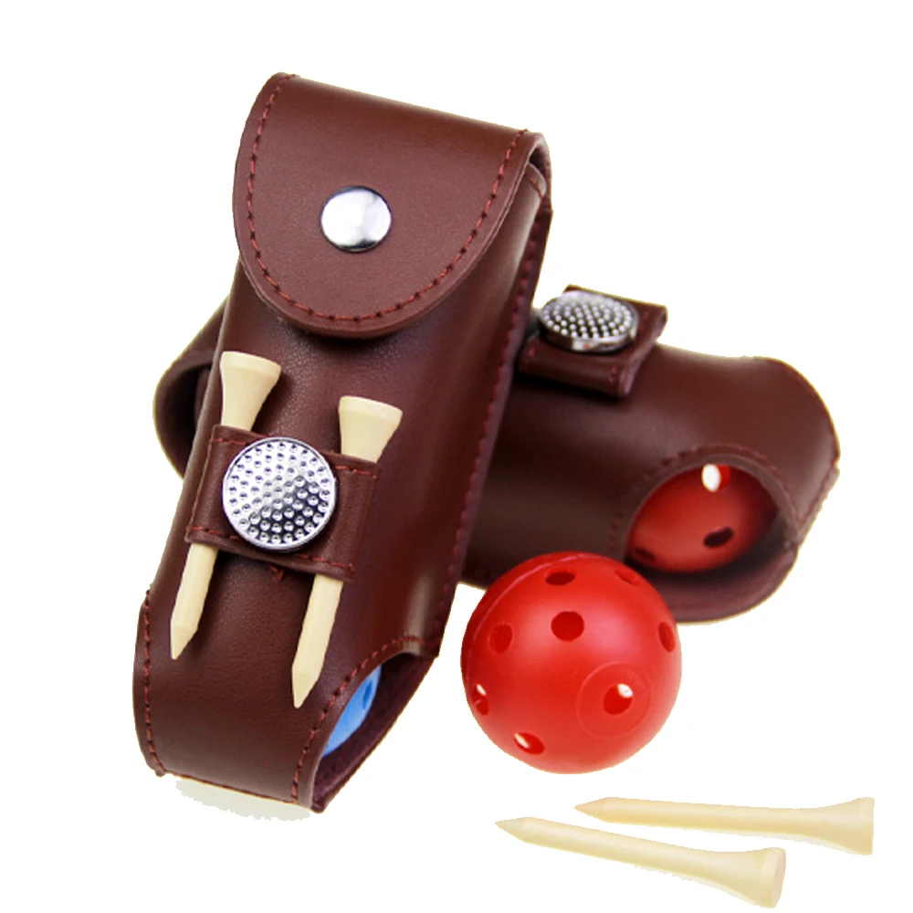 Genuine Leather Golf Ball Pouch Bag and Tees Holder Divot Tool Holder Pouch Waist Belt Storage Pocket with 2 Balls Gift