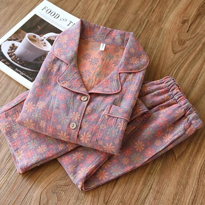 

Cotton Yarn-Dyed Retro Pajamas Crepe Double Cotton Gauze Loungewear New Spring Female Top Trousers Two-Piece Sets JJ631
