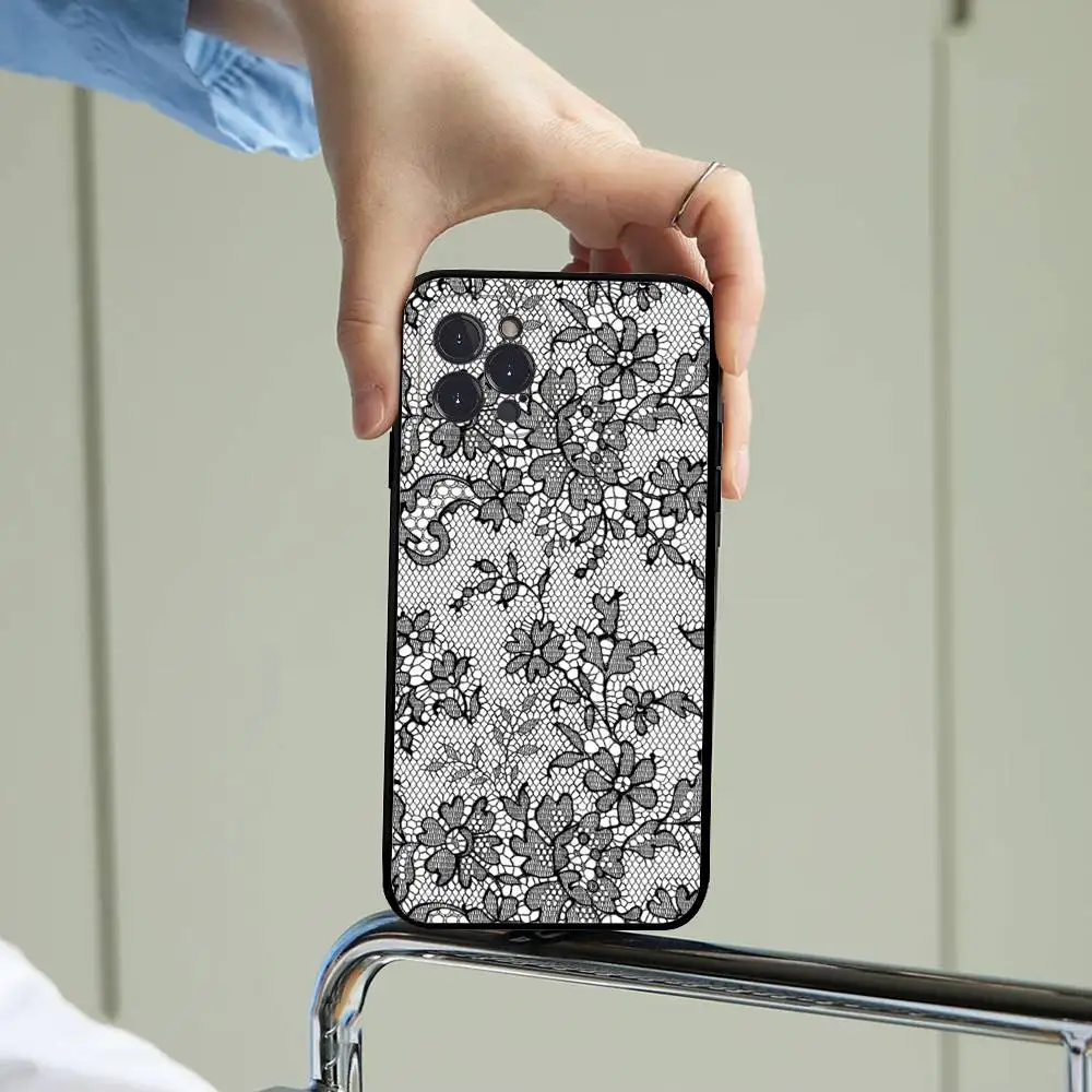 Estilo de renda legal menina caso de telefone para iphone 17 16 15 14 13 12 11 pro max plus preto escudo capa caso