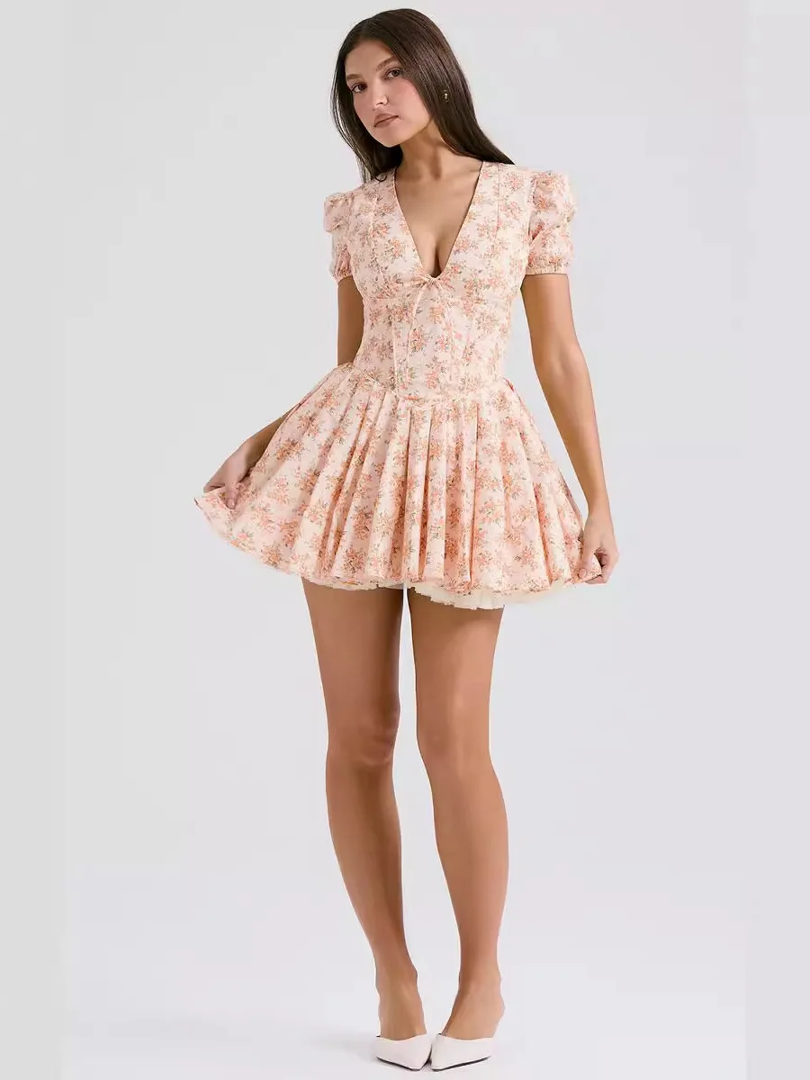 فستان صيفي بقصة ضيقة وطبعة زهور وياقة على شكل V للنساء، فستان بخصر مرتفع وتصميم فرنسي من ألياف البوليستر بتنورة على شكل حرف A