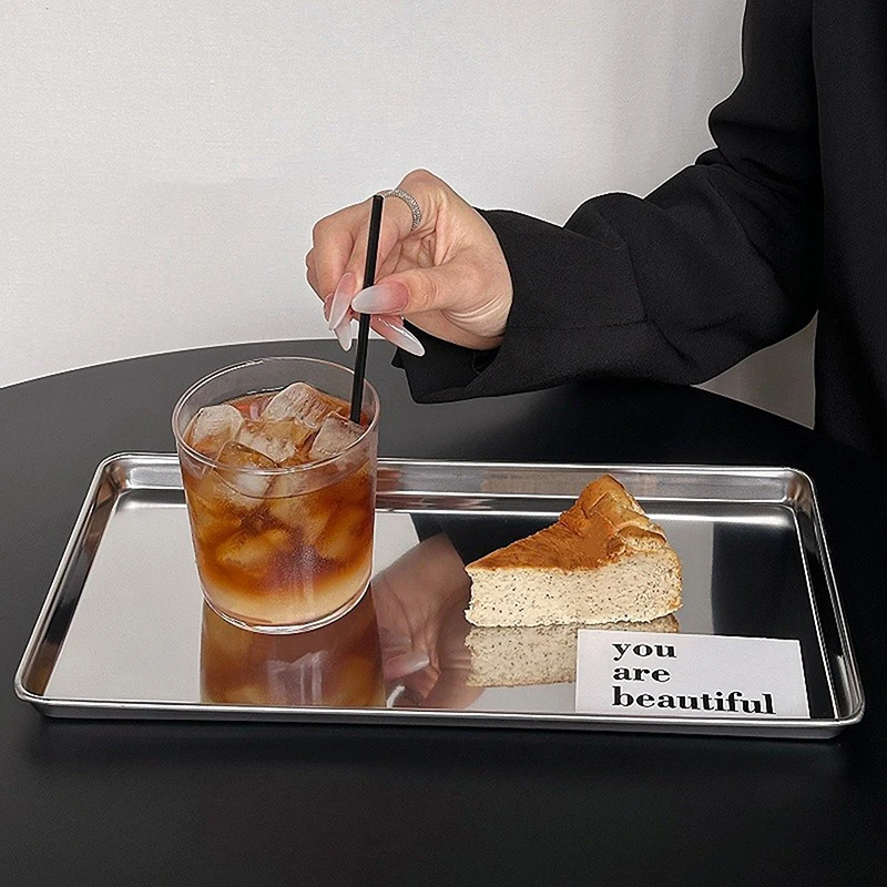 Modern Stainless Steel Rectangular Serving Tray Gift for Cakes & Snacks Elevates Dining Table Design for Home Or Cafe