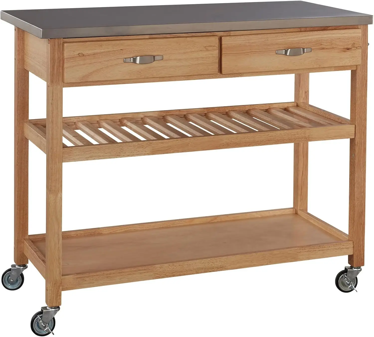 Home Natural Designer Utility Kitchen Cart with Stainless Steel Top, Two Utility Drawers, Adjustable Shelf and Industrial Caster