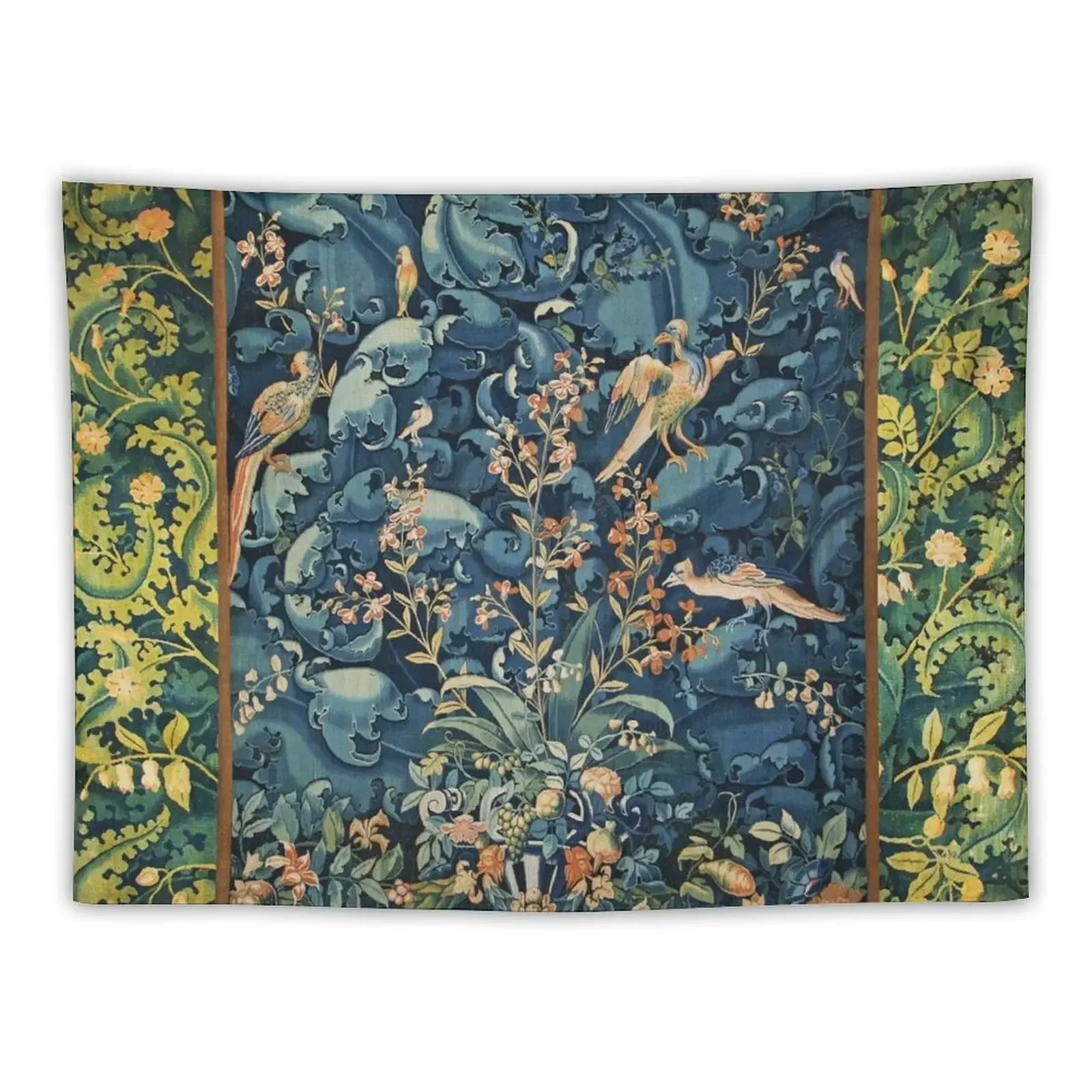 

FANTASTIC BIRDS ,FLOWERS AND CABBAGE LEAVES ,Blue Pink Green Antique Floral Tapestry Custom Tapestry