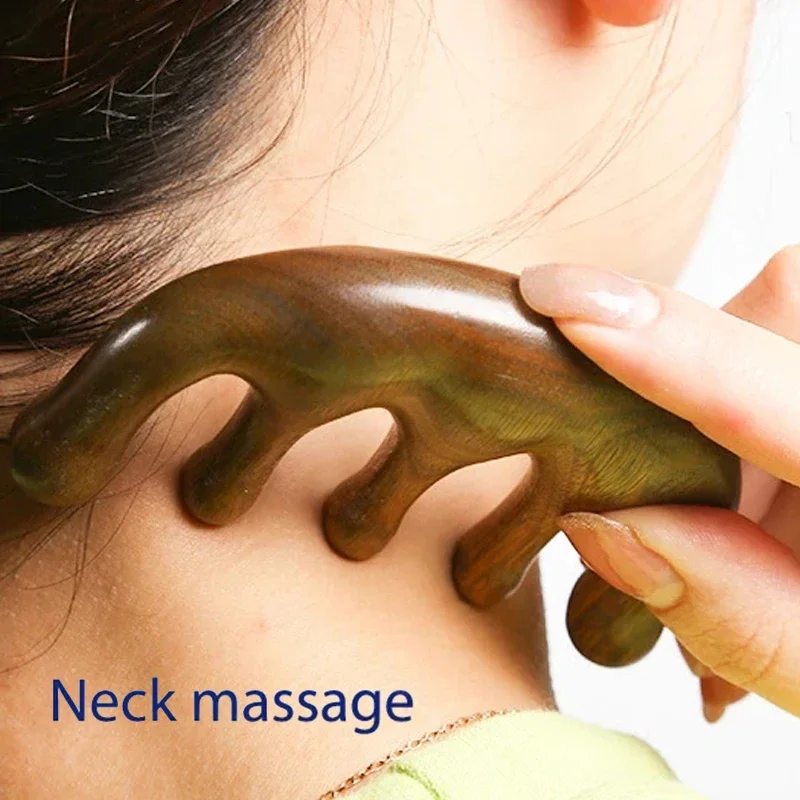 5-Zahn Meridian Massage Kamm Kopf Kopfhaut Kamm Körper Akupunktur Therapie Gua Sha Akupunktur Massage gerät Sandelholz Holzwerk zeug