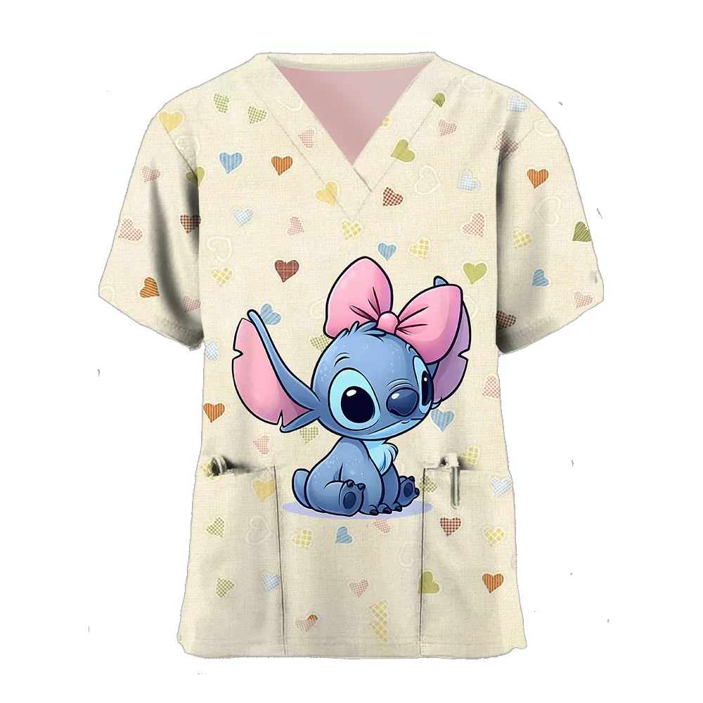 T-shirt tascabile da donna manica corta abbigliamento ospedaliero estate Disney Stitch T-shirt con scollo a V uniforme da infermiera T-shirt Cartoon Top