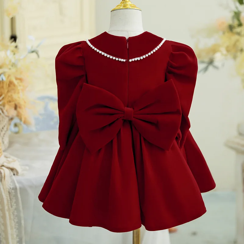 Newborn Baby Girl Princess Christmas Red Dresses Puff Long Sleeve Infant Toddler Child Bow Vintage Winter Evening Gown 12M-14Y
