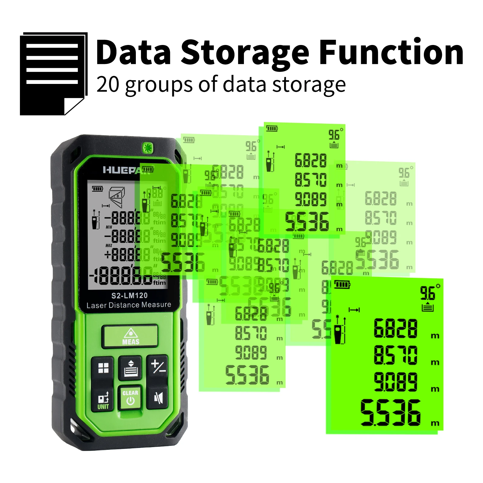 Huepar Laser Rangefinder Green Beem Laser Distance Measure with Angle Sensor LCD Digital Tape Measure 60M/100M/120m