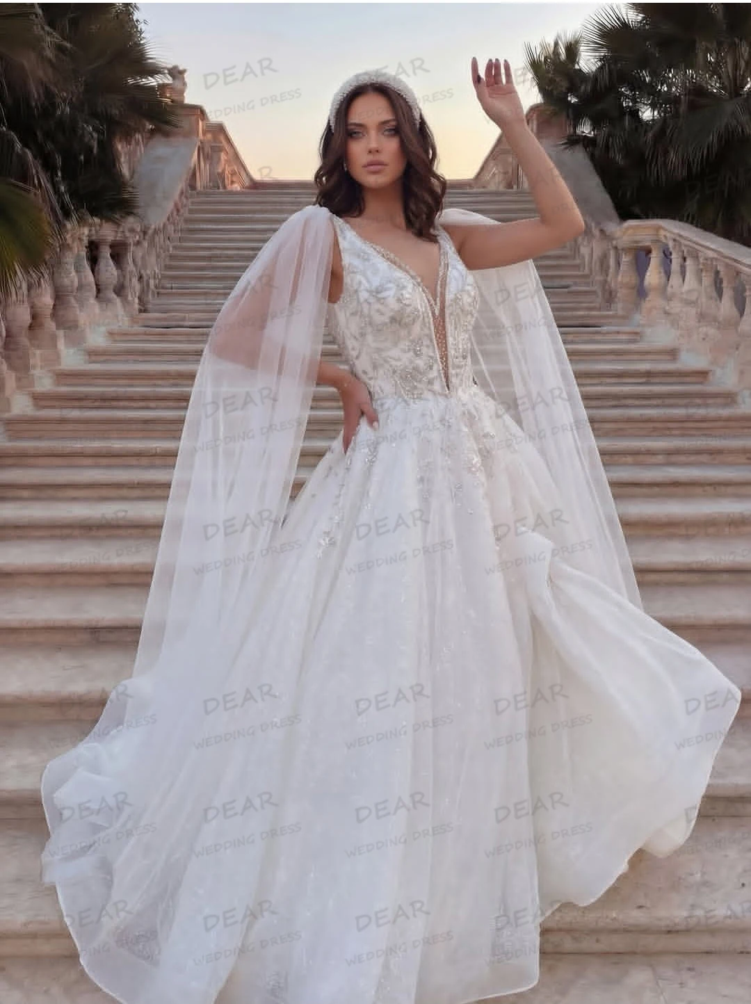 Elegant Sexy Wedding Dresses Women's Lace Sleeveless A Line Bridal Gowns Appliques Tulle Shawl Vestidos De Novia Customized Gala