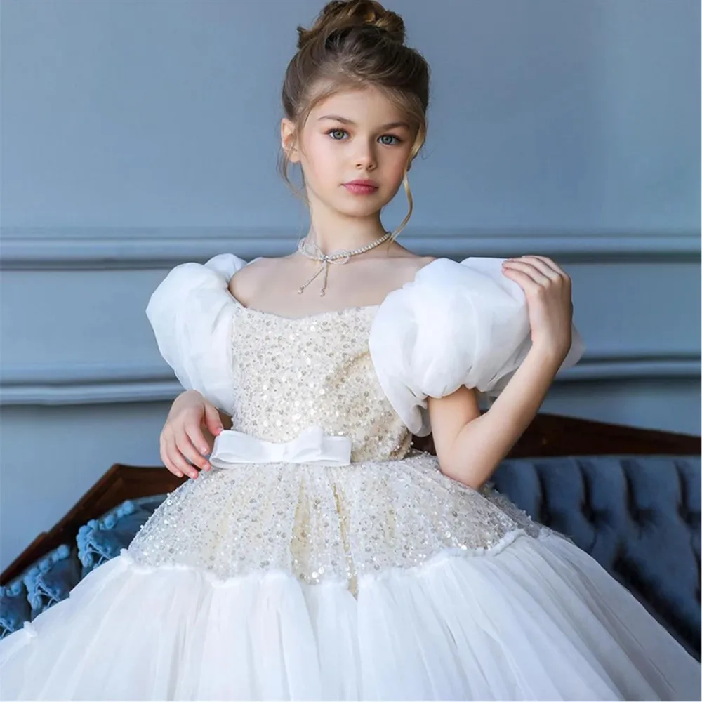 

Cute Flower Girl Dress for Wedding Glitter Beaded Bow Princess Birthday Party Prom Puffy Dress First Communion Gown