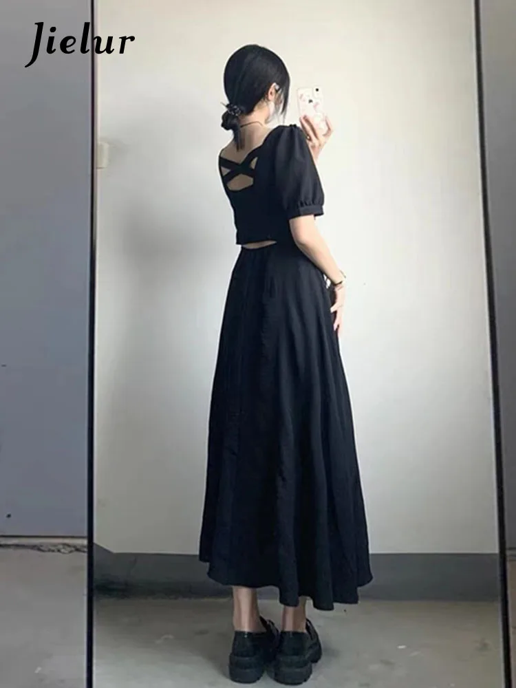 Jielur Summer New French Solid Color Women's Dress Sweet Ladies Elegant Backless Dress Black High Waist Slim Chiffon Dresses