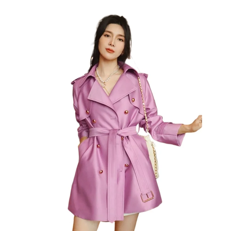 

Spring Autumn New Temperament Superior Sense Pink Light Luxury Quality Medium Long Double-breasted Lace-up Windbreaker Jacket