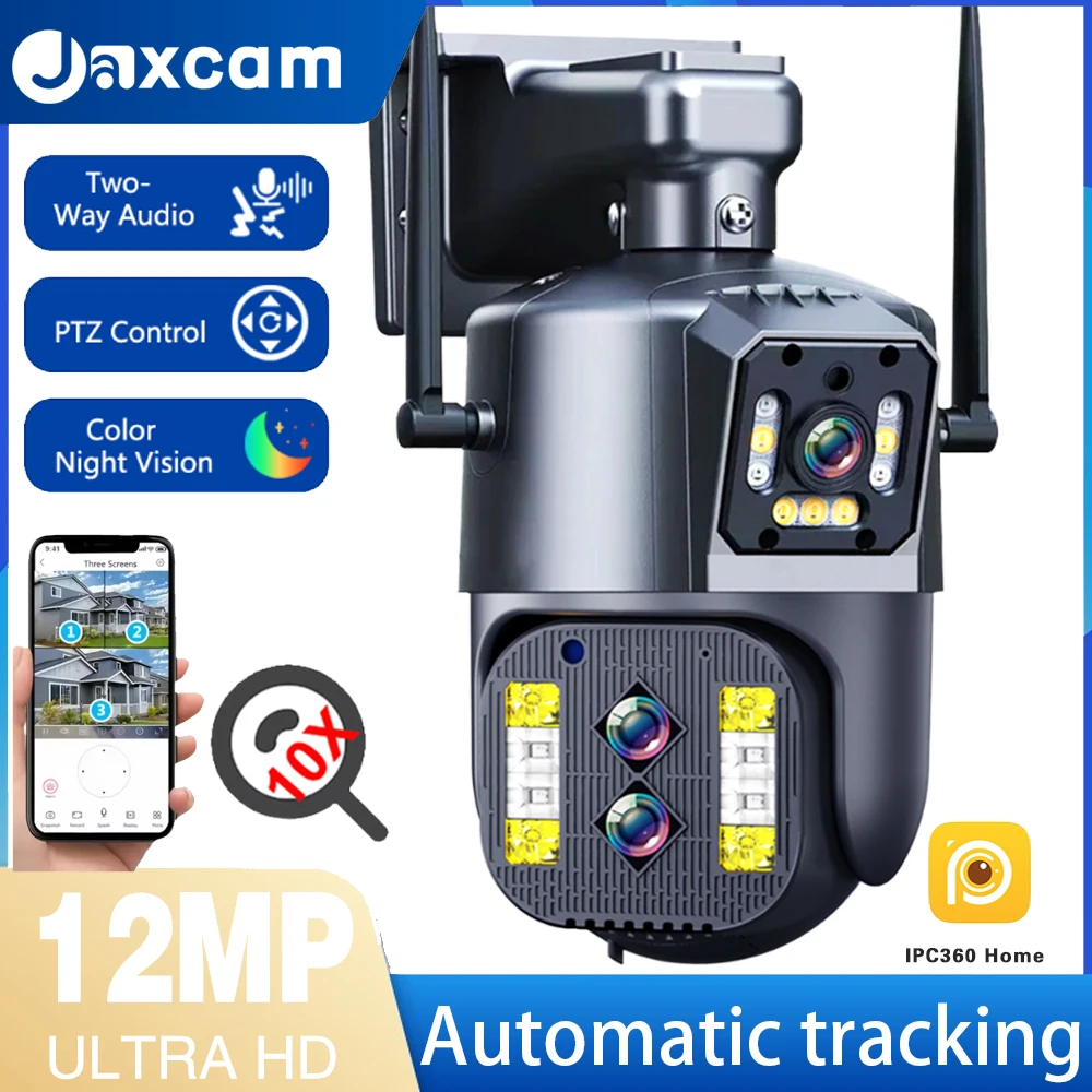12MP 6K HD 10X زووم بصري كاميرا أمان WiFi اتجاهين الصوت PTZ ثلاثة عدسة شاشات مزدوجة كاميرا شبكة مراقبة CCTV لاسلكية للمنزل