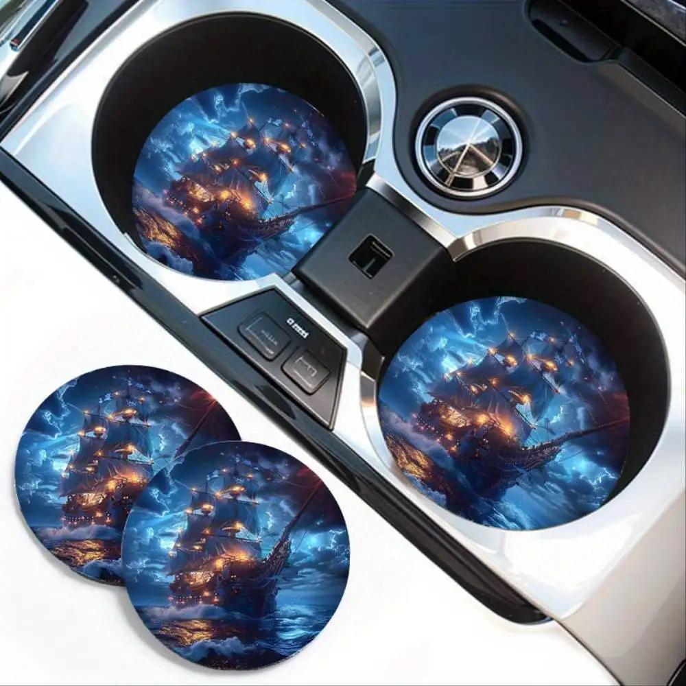 Pirate Ship Pattern Absorbent Car Cup Holder Coasters Universal Non-slip Car Interior Cup Pad