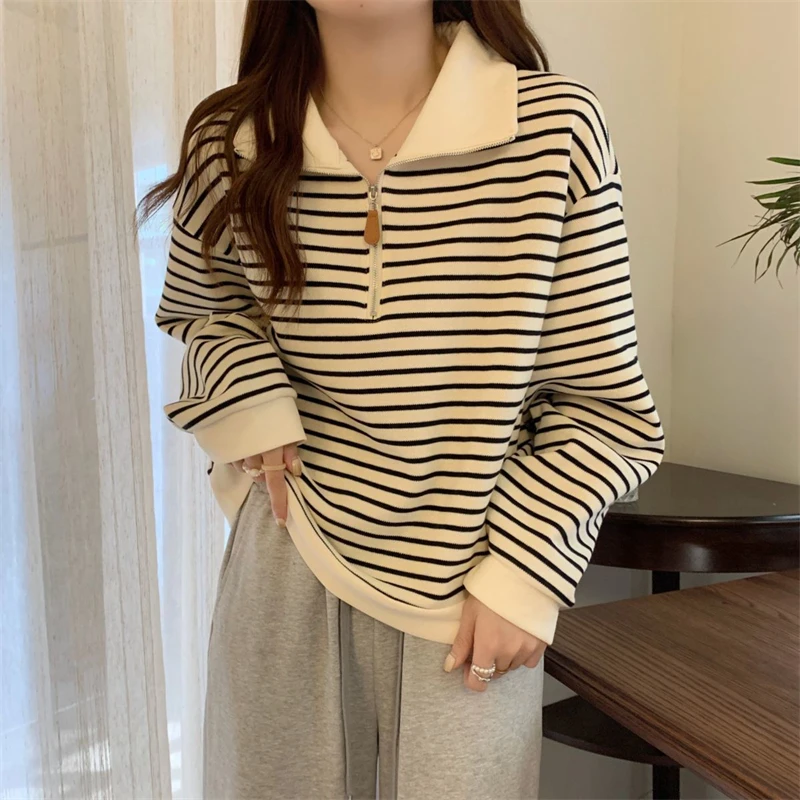 Women Trendy Striped Polo Collar Half Zipper Streetwear Oversize Chic Sweatshirts Casual Long Sleeve Pullover Tops Y2K Sudaderas