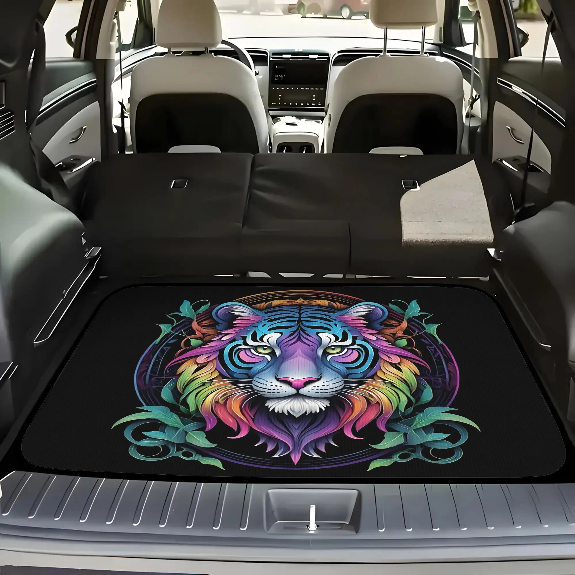 2D Plane 5pcss Rainbow Mandala Tiger Head Print Car Floor Mat | Trunk Liner - 5pcss Set (Including 4 Floor Mats And 1 Trunk Line
