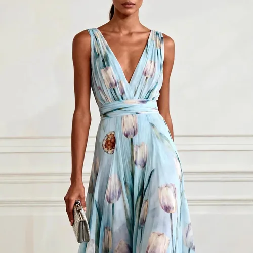 Imagen 2 del producto Nuevo Vestido de Noche Largo de Gasa con Estampado de Tulipanes Azules, sin Mangas, Cuello en V, Elegante y Fluido, para Banquete 2026