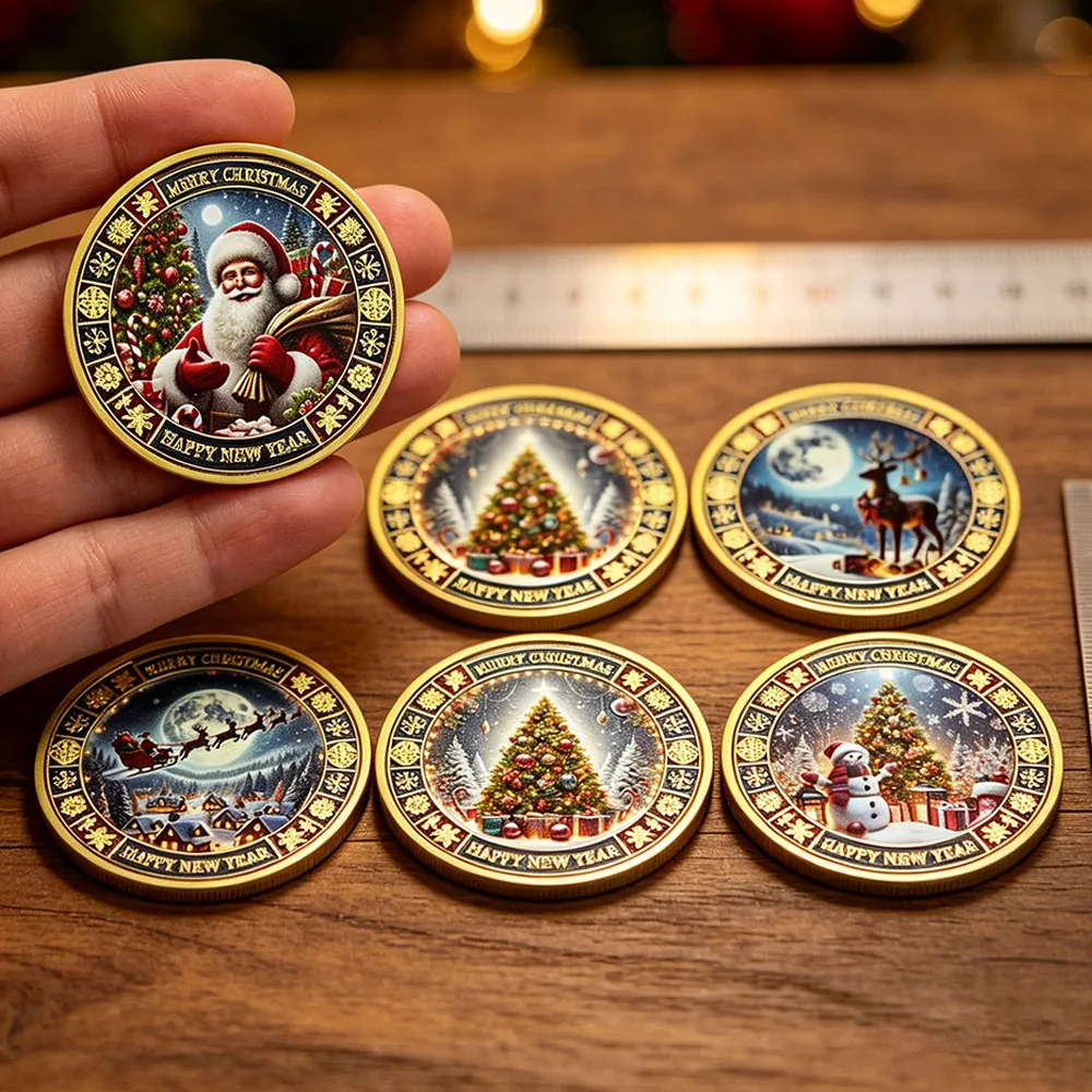 1pc Merry Christmas & Happy New Year Commemorative Coin Xmas Santa Tree Snowman Challenge Coin Holiday Party Favor Keepsake Gift
