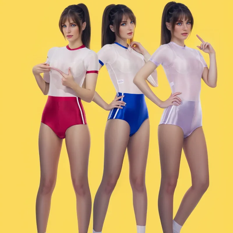 Women Glossy See Through Sexy One Piece Swimwear Short Sleeve Patchwork Stretch Bodysuits Japanese Bathing Suit Stretch Leotards