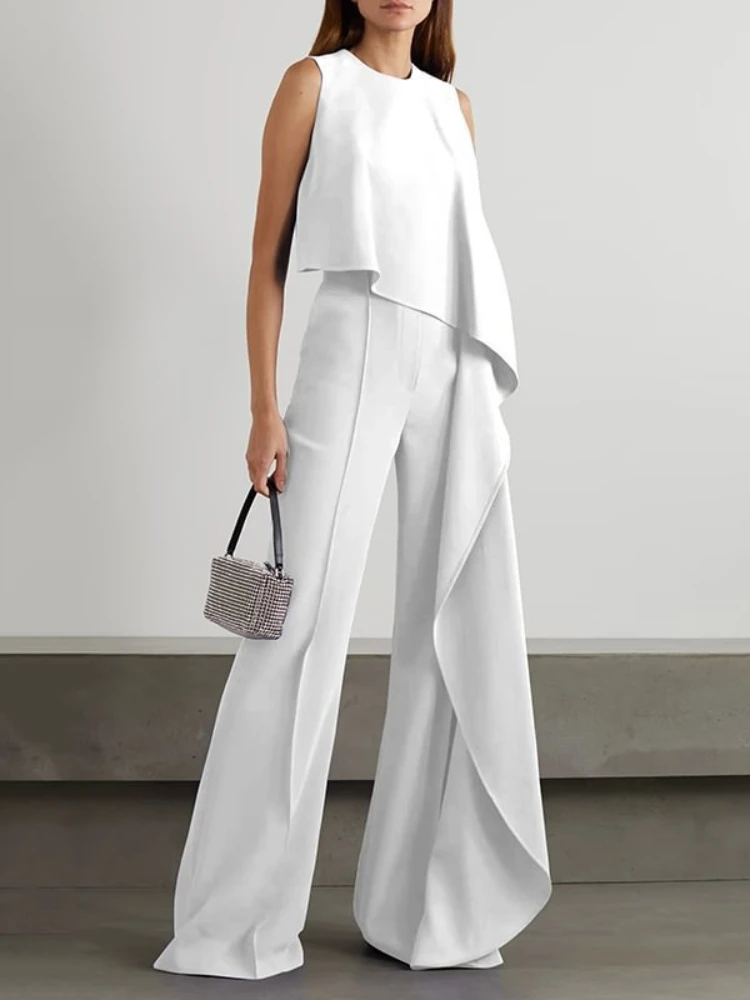 

2025 Spring Jumpsuits for Women Plain Elegant Office Lady Solid Color Loose Ruched One Shoulder Split Hem Wide Leg Jumpsuit