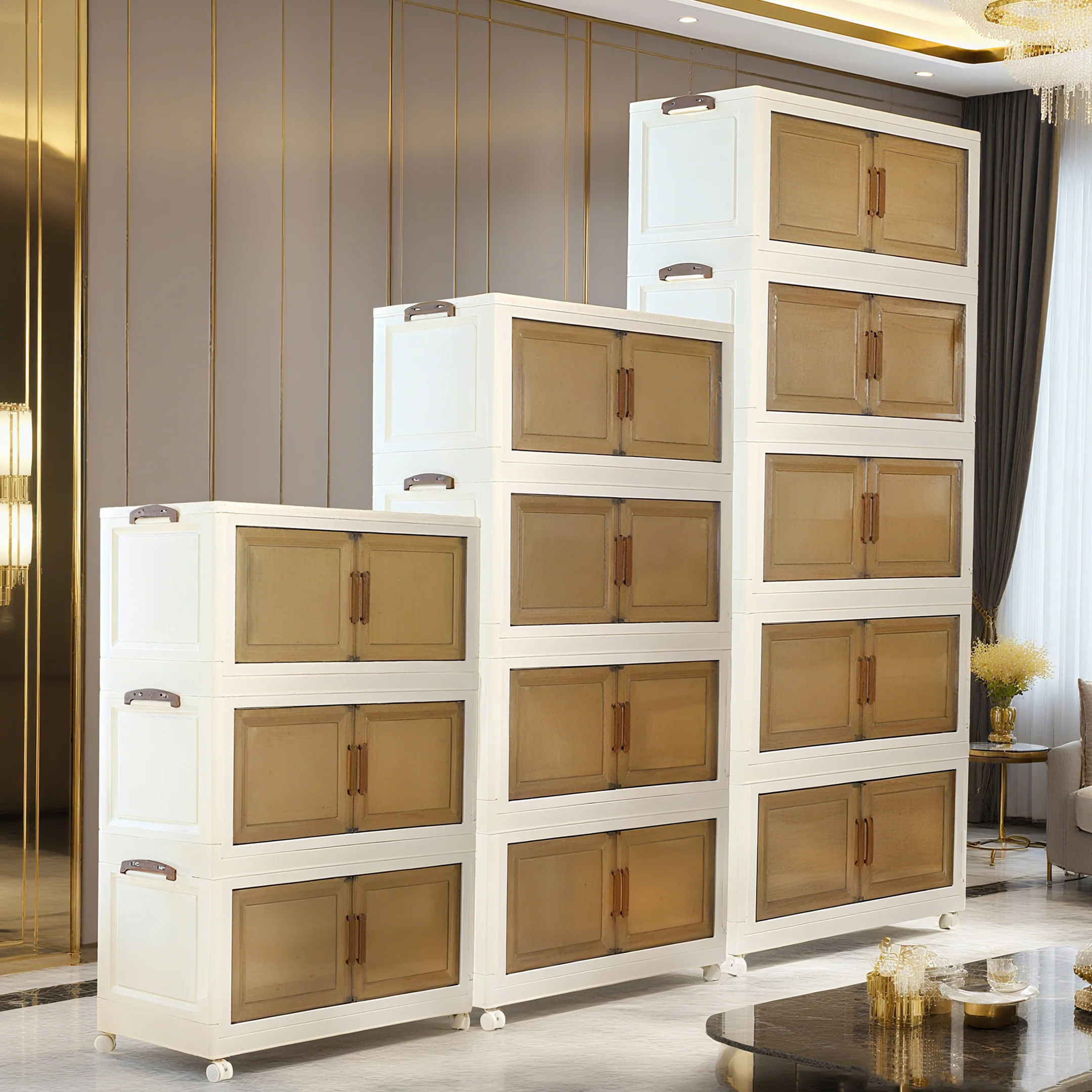 

1/5 layer folding storage cabinet, transparent magnetic door + universal wheels + stackable design, hand-assembled.