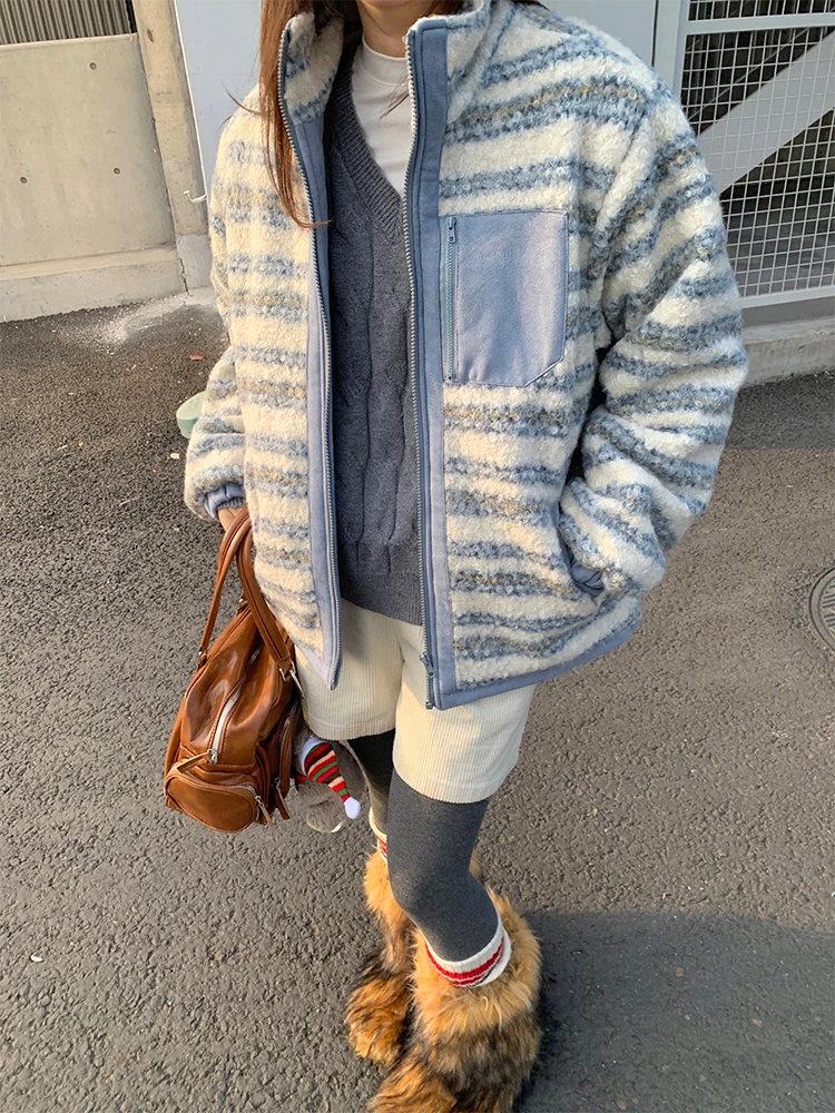 

NIDEBLA Korean Sle Fre Striped Cotton Jaet Thiened Stand Collar Fce Lined Warm Outerwear for Young Women