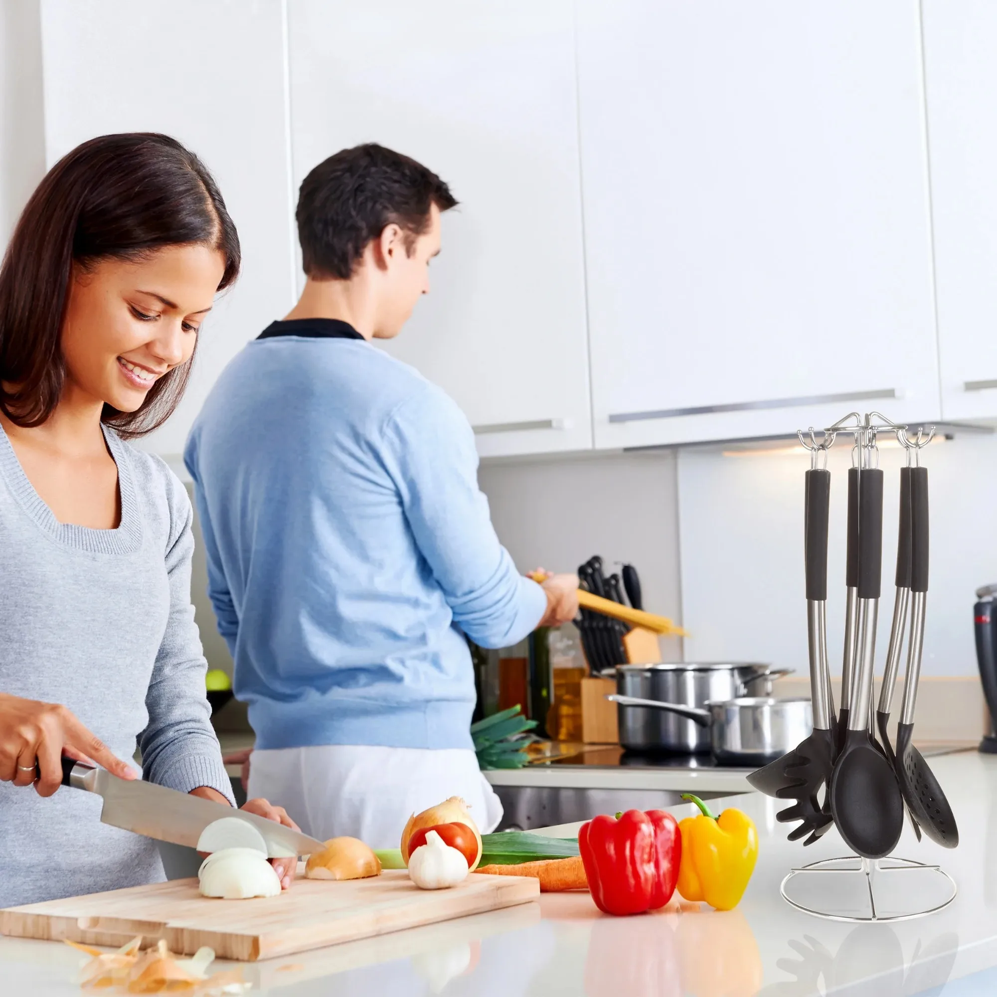 7피스 스테인레스 스틸 및 실리콘 주방기구 세트, 블랙