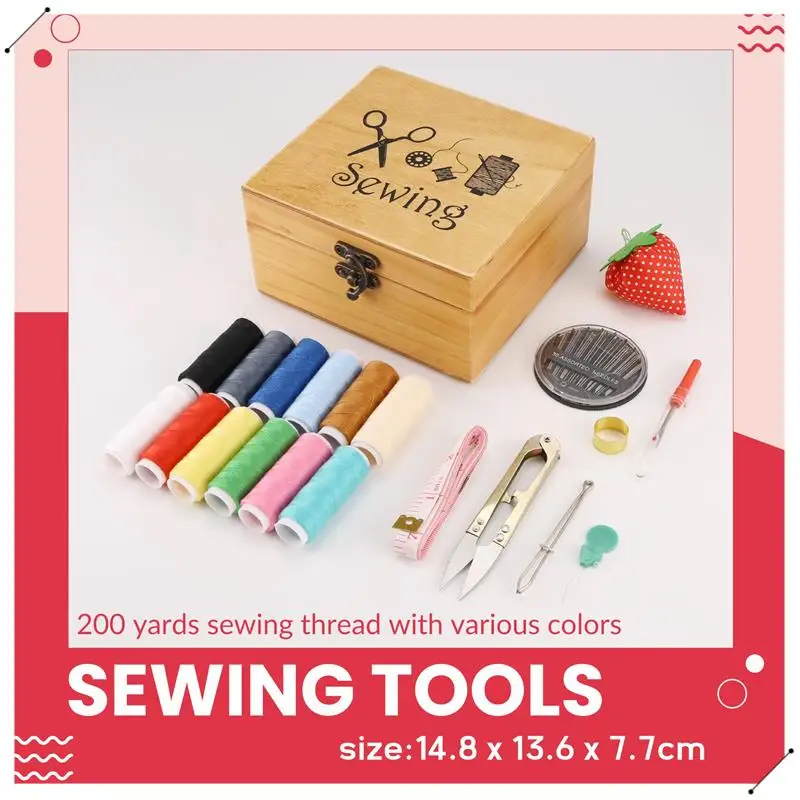 Wooden Sewing Box Sewing Accessories Supplies Kit Workbox For Mending