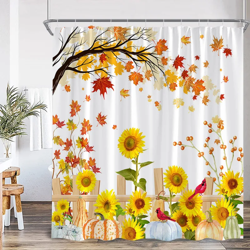 Autumn Pumpkin Shower Curtains Fall Watercolour Plant Leaves Modern Minimalist Polyester Fabric Home Bathroom Decor With Hooks