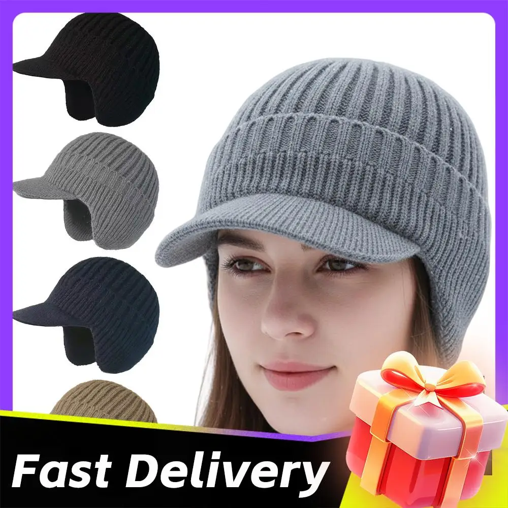 

Winter Outdoor Warm Fleece Lined Knit Hat with Brim and Ear Flaps Stocking Caps Soft Beanie Hat Outdoor Warm Cap for Men Women