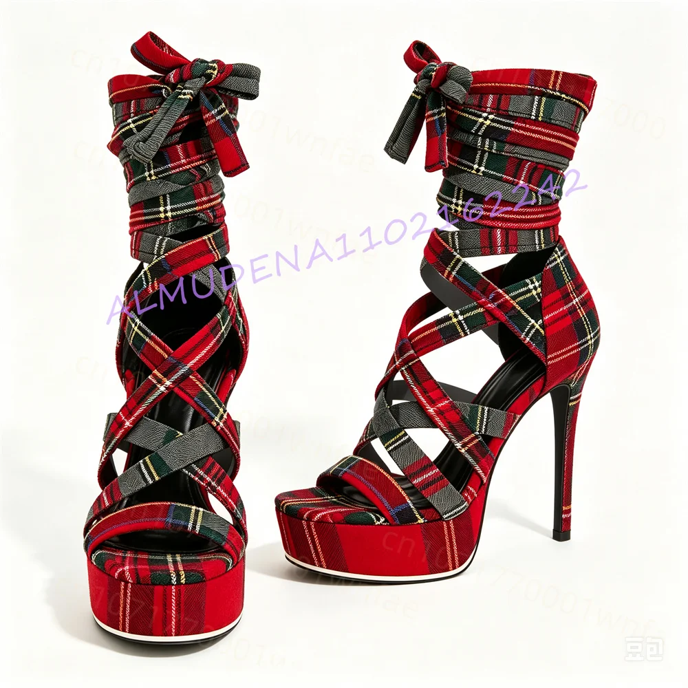 Women Plaid Platform Sandals High Heel Lace Up Open Toe Stiletto Shoes Wrap Around Ankle Strap Party Evening Fashion Footwea6r