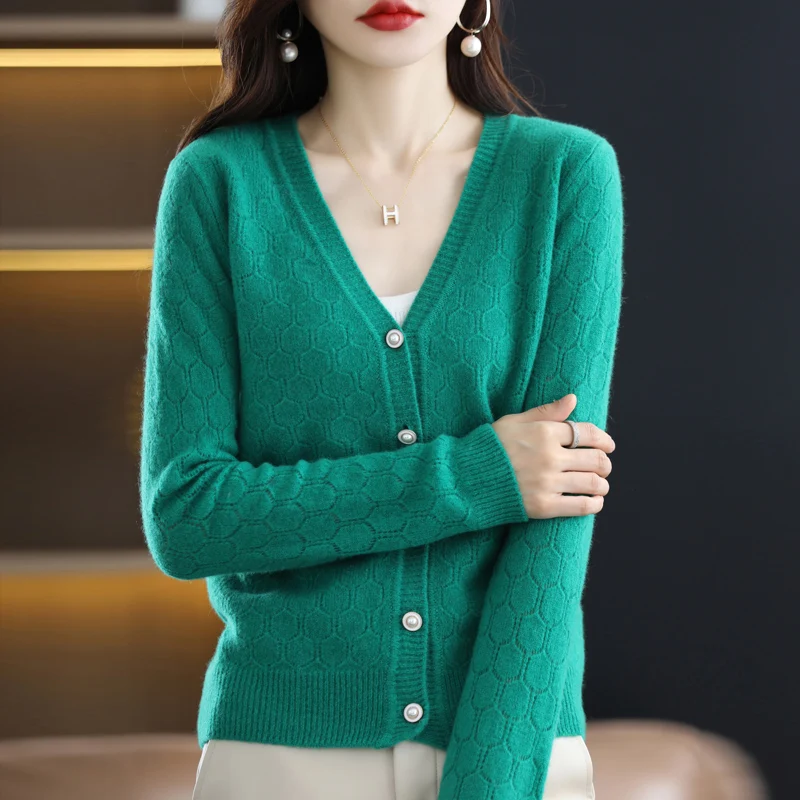 100% Pure Wool Women Cashmere Sweater V-Neck Fashion Hollow Cardigan Autumn Winter Casual Knit Solid Color Long Sleeve Tops