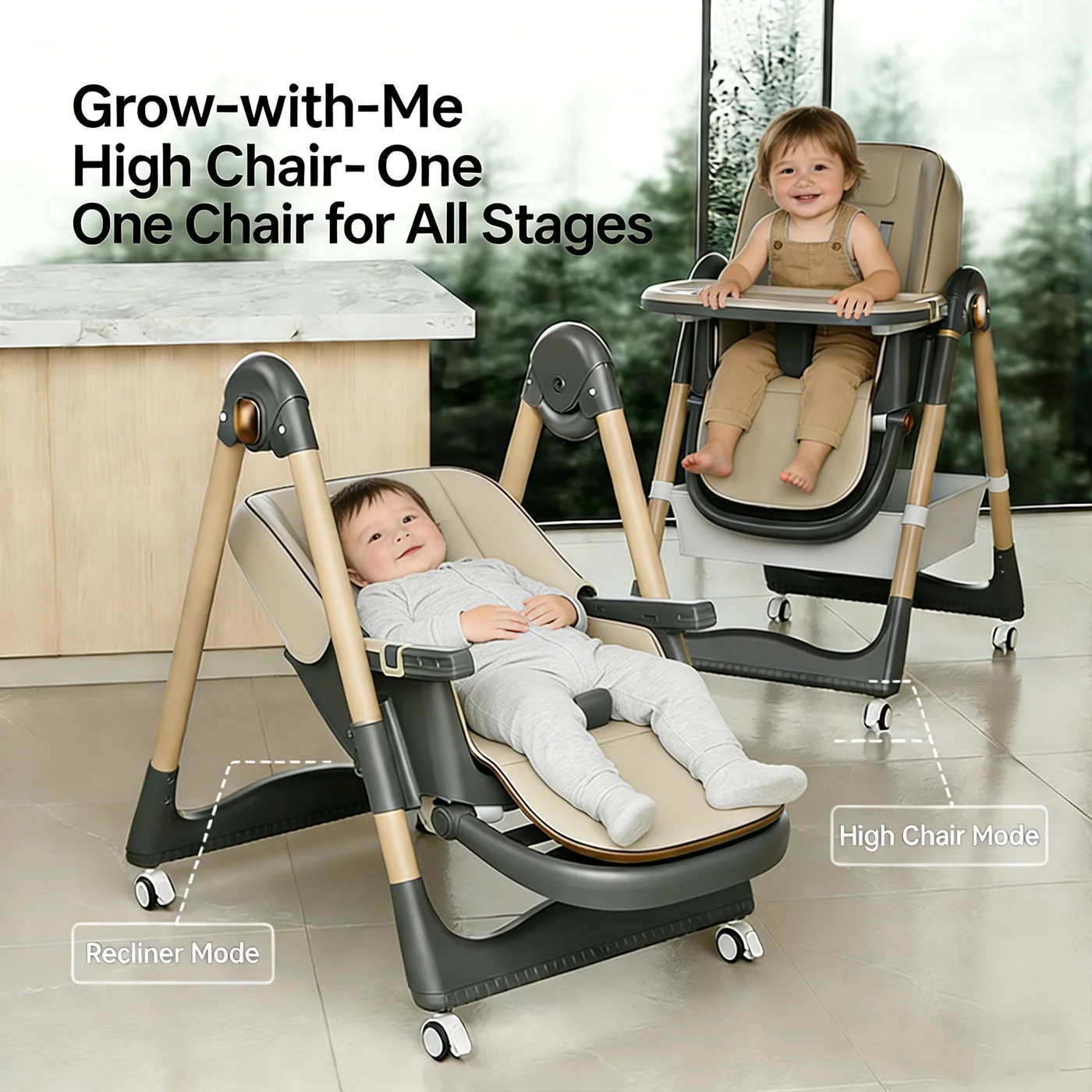 High Chairs for Babies and Toddlers, Foldable High Chair with Lockable Wheels, 4-in-1 Convertible, Adjustable Reclining Seat