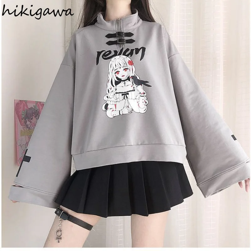 Japanese Hoodies Women Harajuku Half High Collar Long Sleeve Tops 2023 Ropa Mujer Fashion Cartoon Anime Print Sweatshirts 27i669